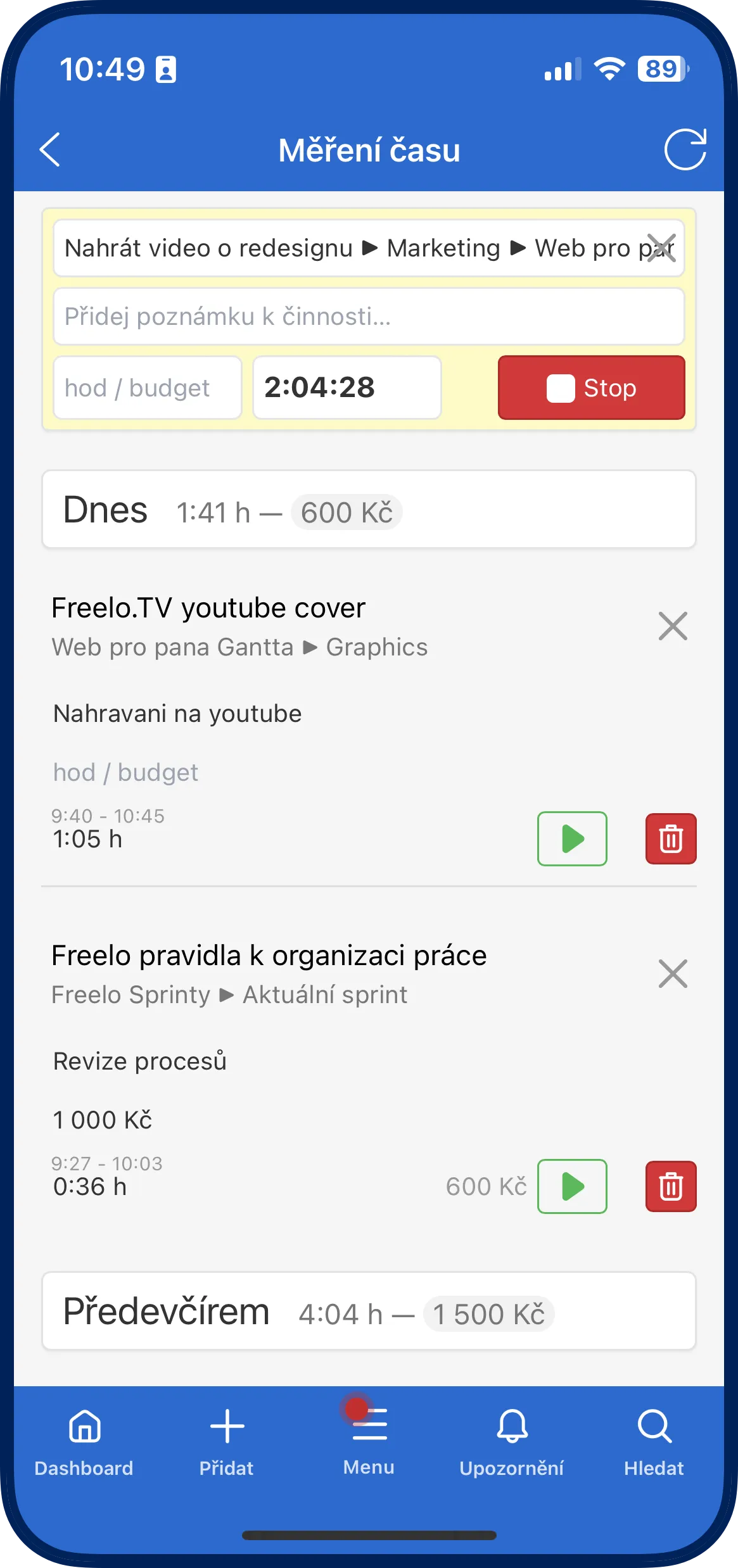 Screenshot z aplikace Freelo