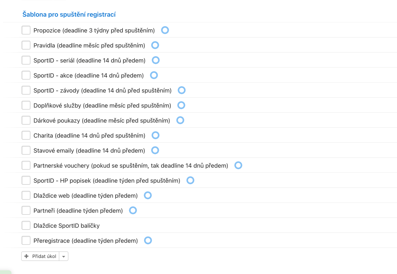 Aby registrace proběhly úspěšně, musí se splnit všechny tyto úkoly.